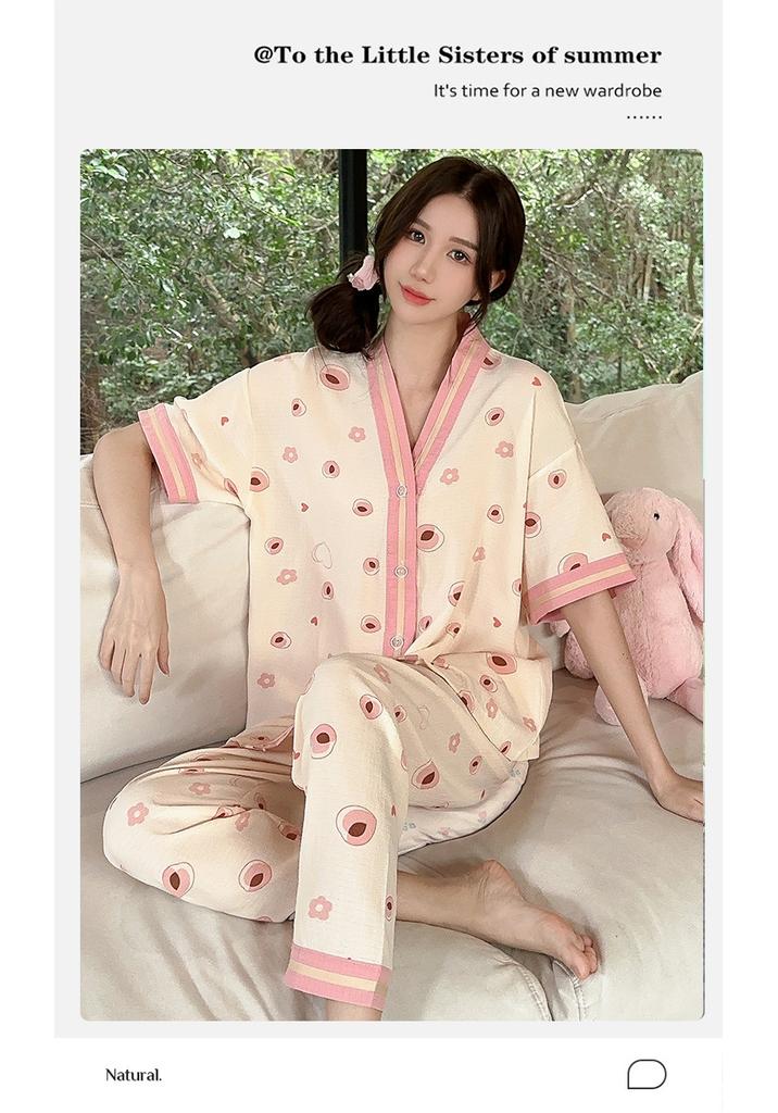 Pajamas women's summer bubble cotton yarn thin short-sleeved trousers cute cartoon Korean version flower summer loungewear two-piece set
