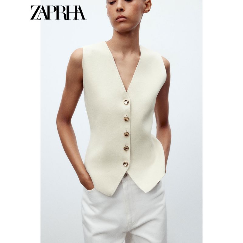 Zaprha 2025 Summer New Simple and Versatile Plain Stitch V-neck Sleeveless Vest-Style Top Vest 4192003