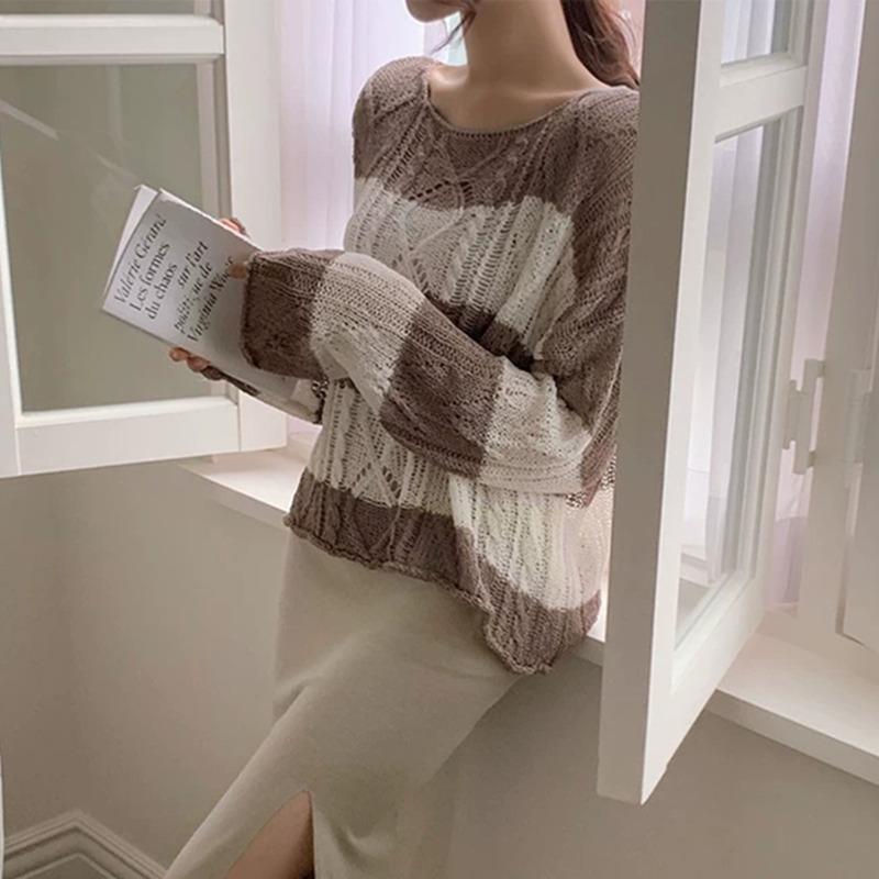 New Casual Twist Long Sleeved Striped Sunscreen Knitted Sweater Korean Style Women Retro Top Thin Hollow Out Loose Blouse O Neck Simple Clothing