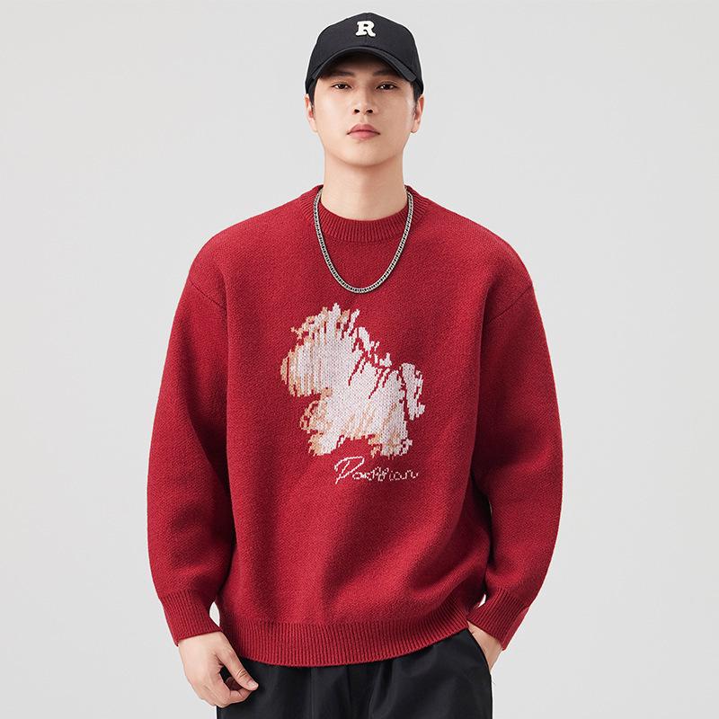 Men s Cartoon Little Pony Jacquard Knit Sweater - Trendy Autumn/Winter Layer Double Extra Large красный