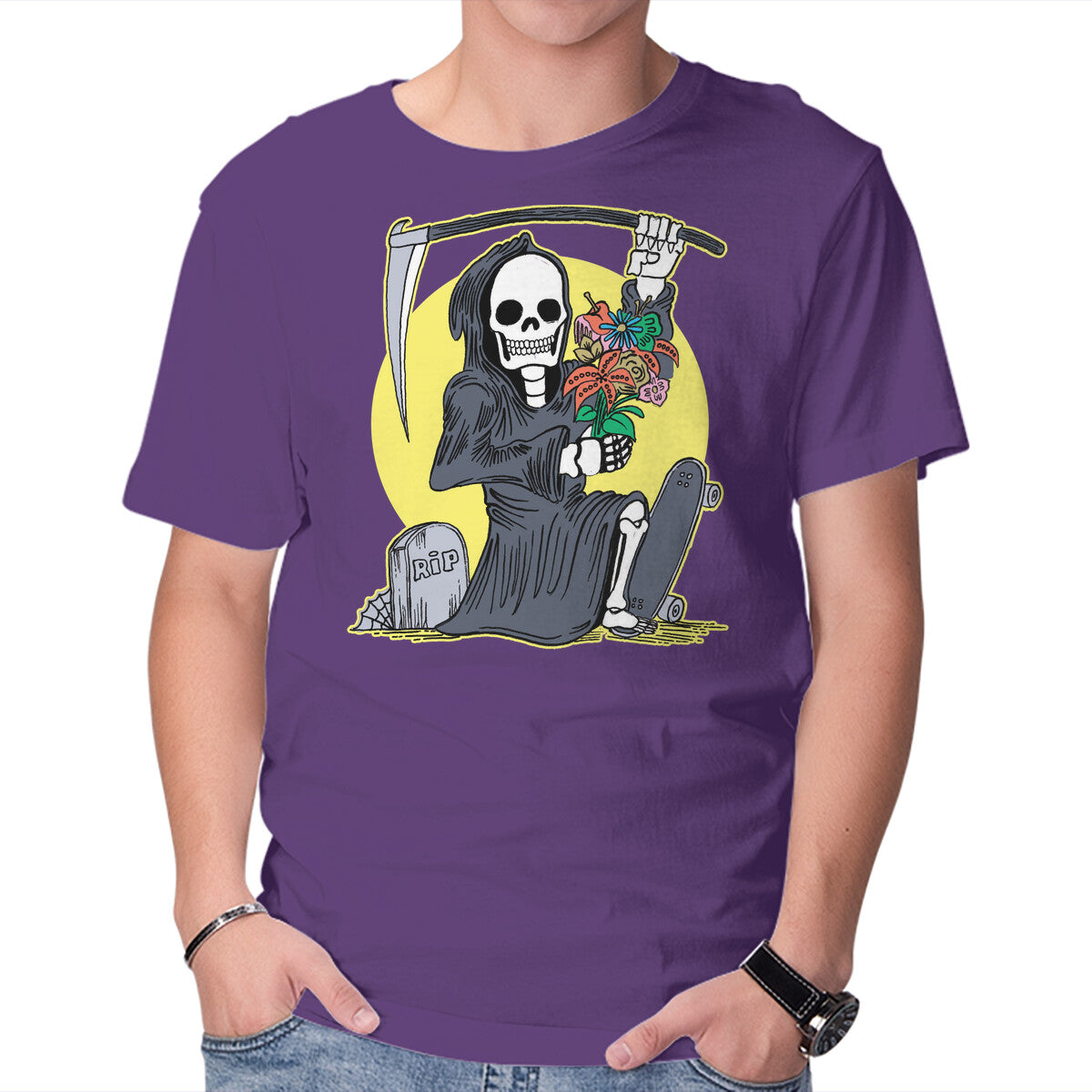 Unisex Crew Neck T-Shirt Death Holding Flowers Graphic Short Sleeve Casual Tee XXXXL