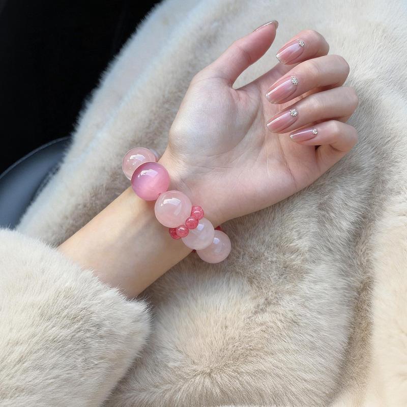 Natural Powder Crystal Rose Pyroxene Bracelet, White Crystal Snowflake Ghost Original Bead Bracelet, Peach Blossom Crystal Charm