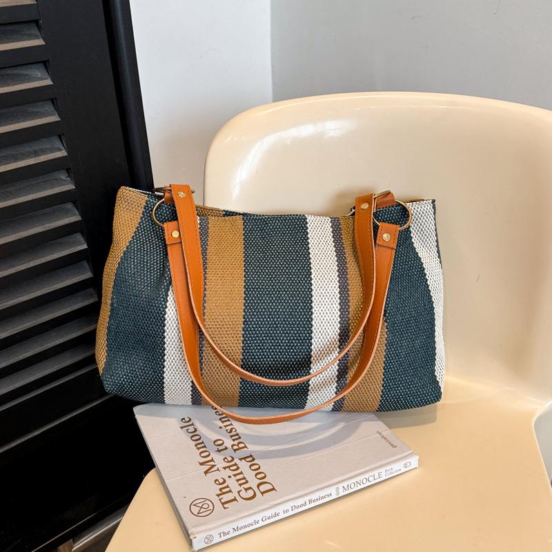 Large-capacity Shoulder Bag, New Simple Vertical Striped Casual Tote Bag, Fashionable Contrasting Color Handbag