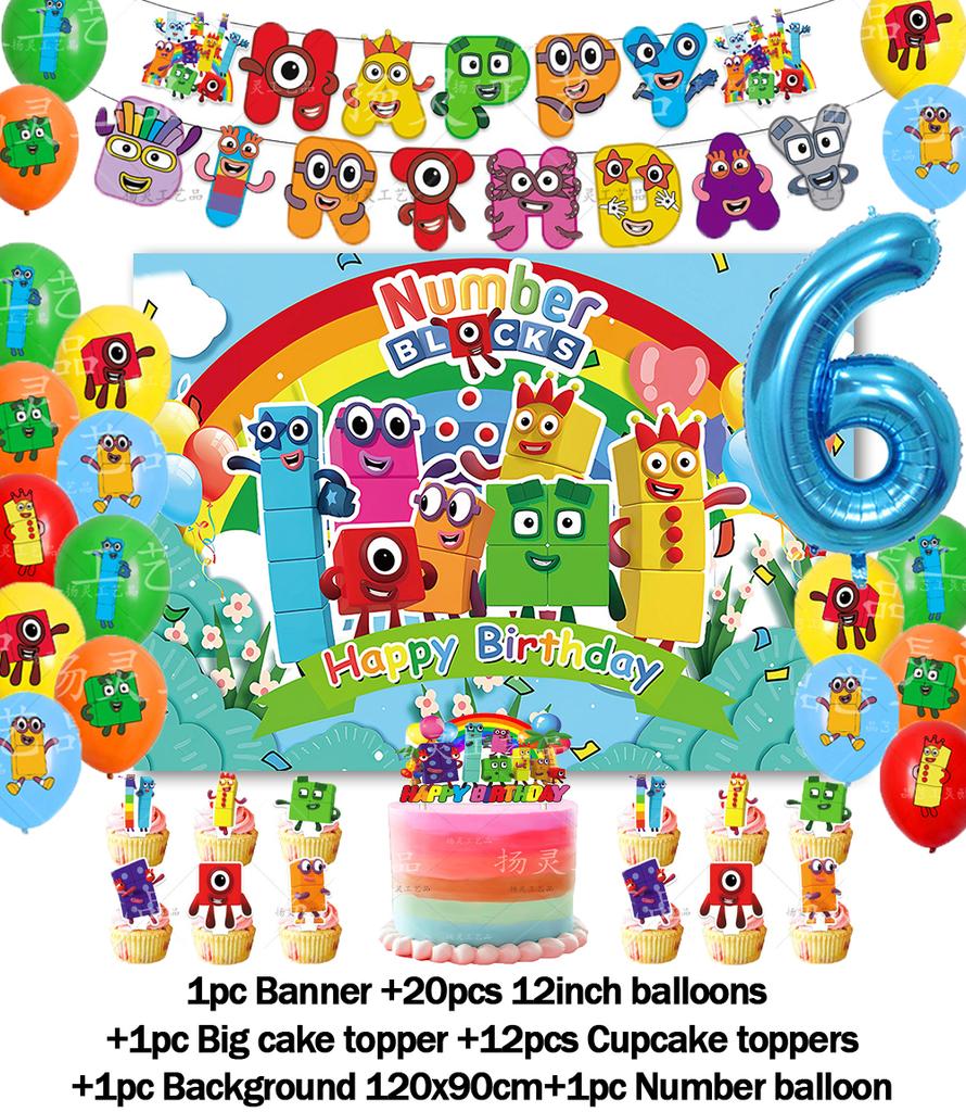 Cartoon Blocked Number Theme Birthday Party Decoration Building Background Plate Cup Balloon Backdrop Photography Prop Kid Gifts