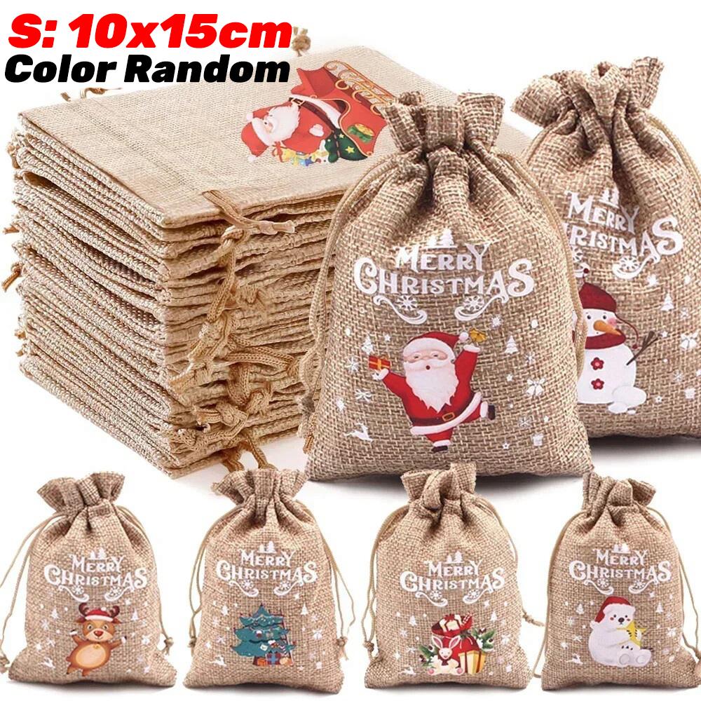 

1/20PCS Christmas Linen Drawstring Bags Candy Biscuits Pouchs Burlap Bracelet Jewelry Storage Bags Xmas Kids Gift Packaging Bags 1pcs