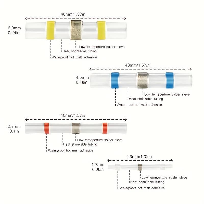 Solder Seal Heat Shrink Waterproof Butt Wire Connectors Terminals Electrical Copper with A Soldering Sleeve Bullet Connector