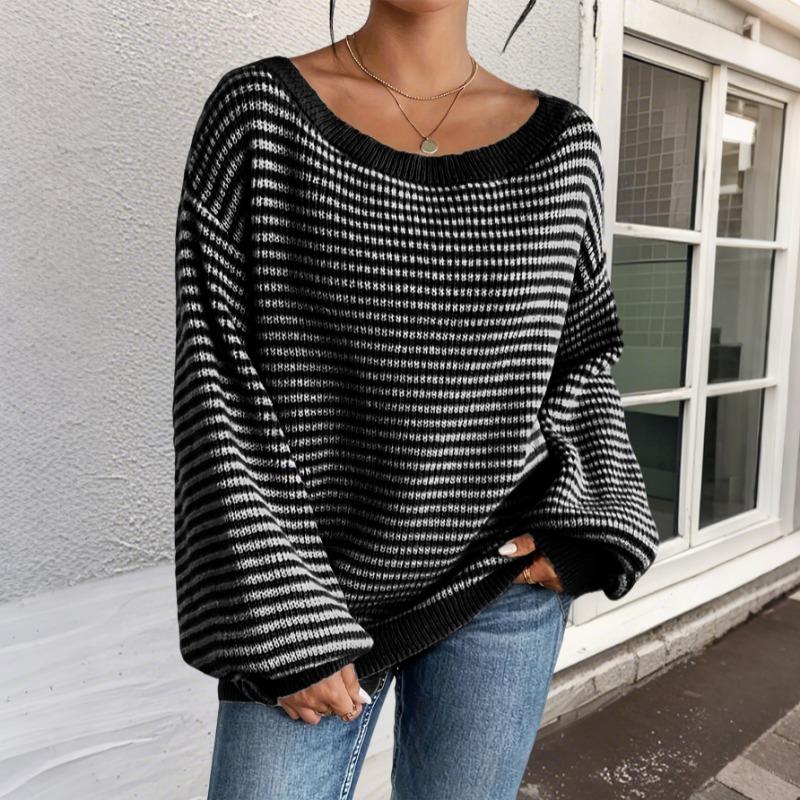 Fashion One-word Neck Striped Off-the-shoulder Knitted Women Sweater Autumn and Winter Pullover Loose Simple Office Sweaters Casual Long Sleeve Tops