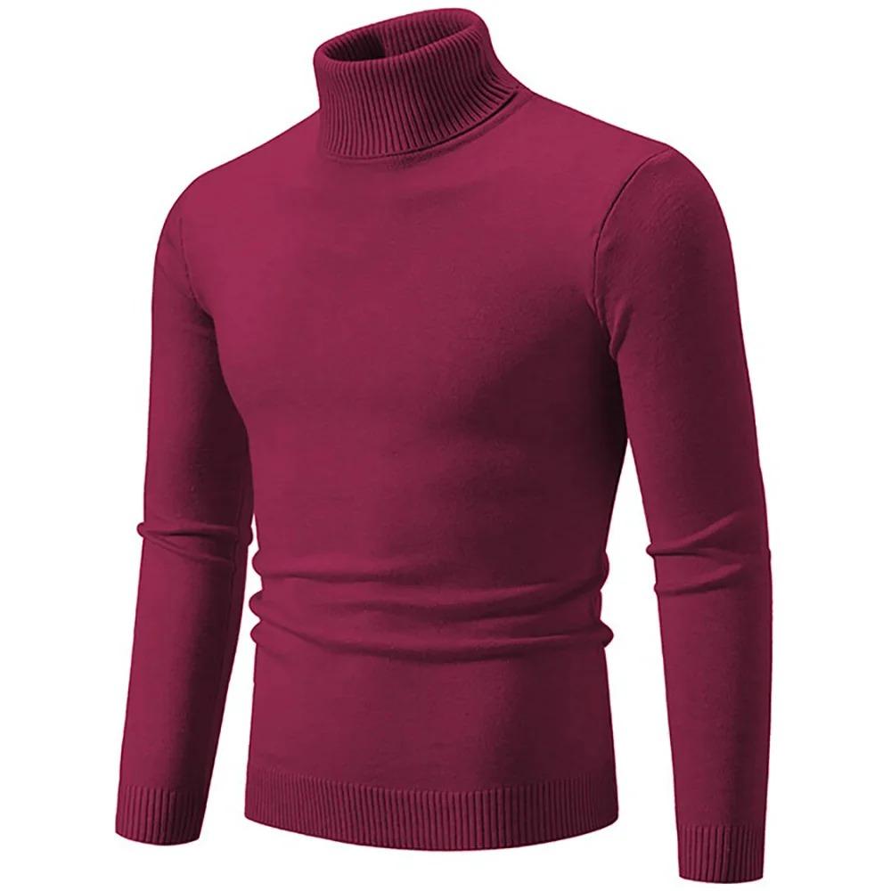 

Мужской осенний свитер с высоким воротником, мягкий однотонный, простой стиль, в тонкую полоску, облегающий, вязаный пуловер, теплая одежда для ношения под низ XXXL бордовый