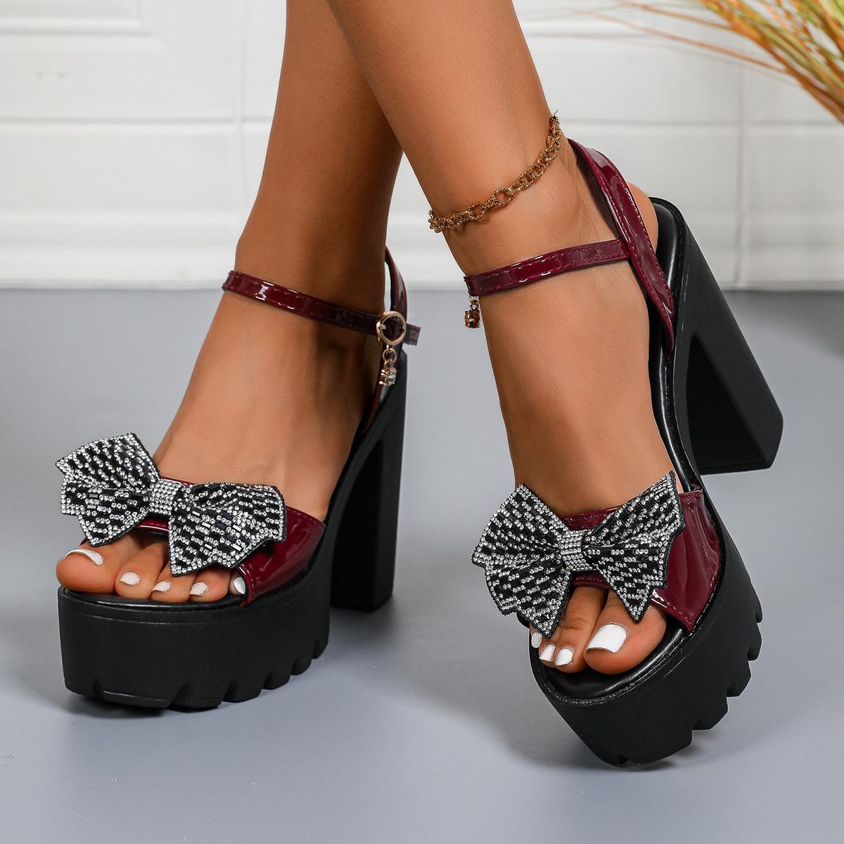 Summer Women s High Heeled Sandals Casual Thick Heeled Open-toe Wedge Shoes 10CM Diamond Bow Women s Shoes 36