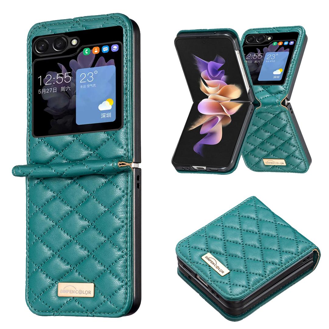 

BINFEN COLOR For Samsung Galaxy Z Flip5 5G PU Leather+PC Case Imprinted Rhombus Pattern Phone Cover Green