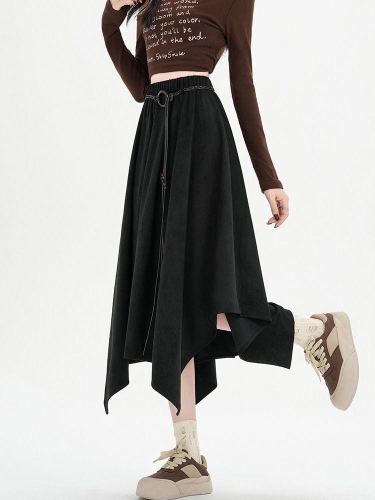 Fustă midi Maillard din piele întoarsă neregulată 2025: Fustă nouă cu talie înaltă, subțiatoare, cu tiv drapat