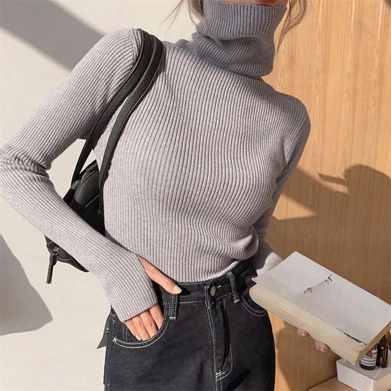 Knitted Sweater Women Korean Version Turtleneck Sweater Autumn Solid Color Pullover Slimming Interior Lapping Warm Basic Tops