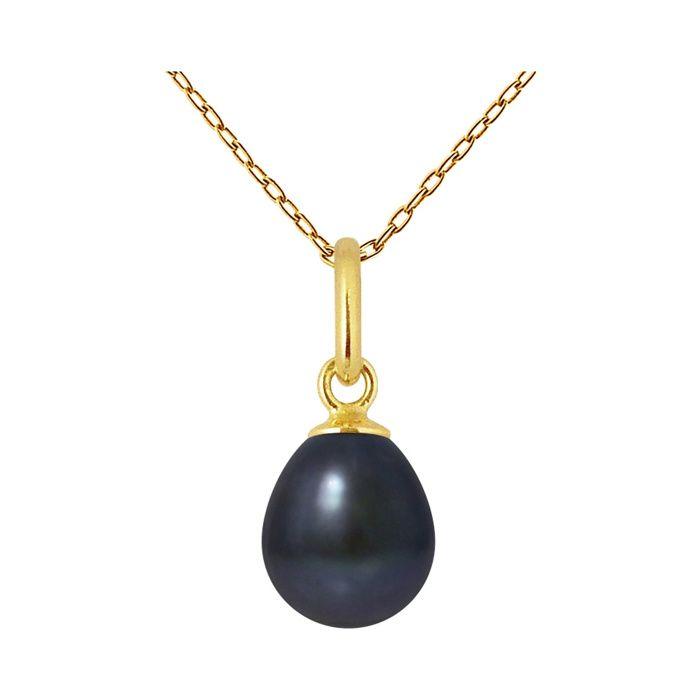 Pendentif - Pearls & Colors - Véritable Perle de Culture Noire 7-8 mm - Or Jaune 375/1000 - Chaîne 42 cm