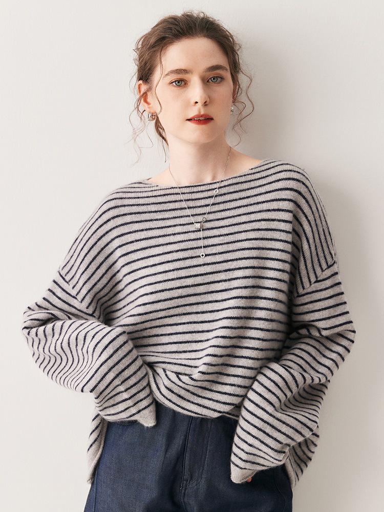 One-Shoulder Oversized Striped Cashmere Sweater for Women - Korean Fashion Style