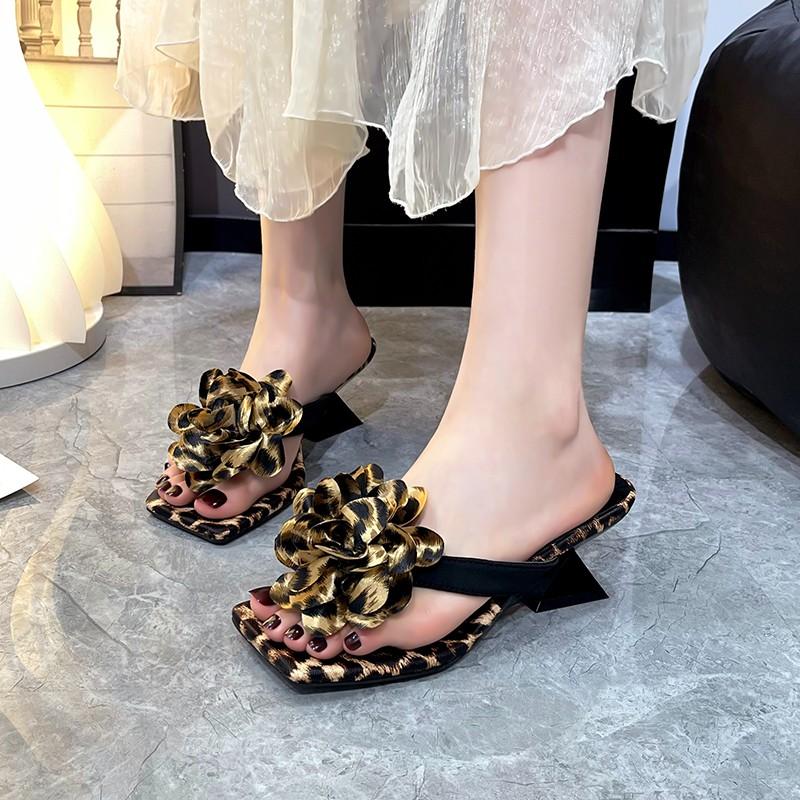 Mode Luipaard Bloemen Hoge Hakken Dames Sandalen Feest Vierkante Neus Jurk Schoenen Zomer Slippers 2025 Nieuwe Designer Nieuwe Dames Slides