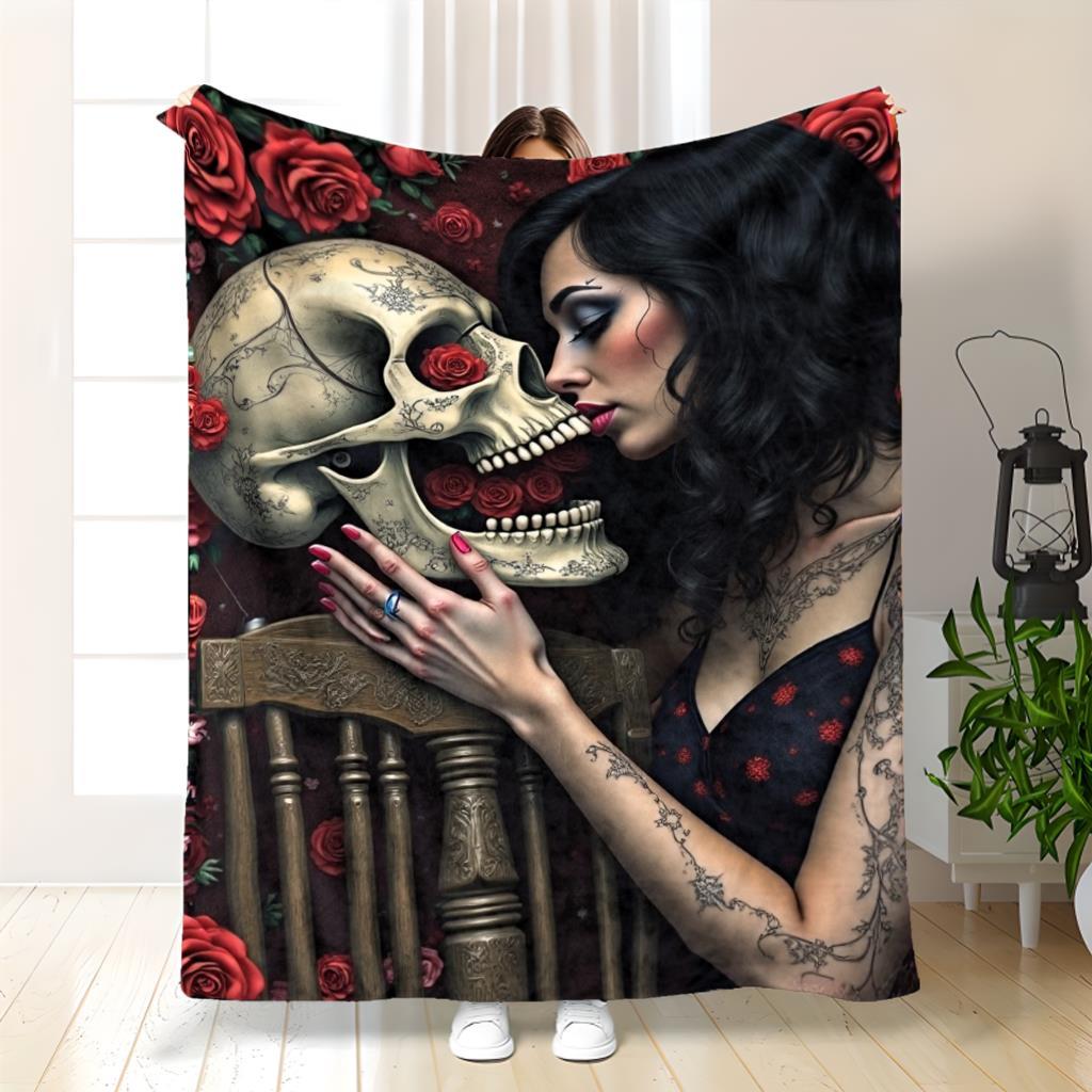 Retro Gothic-style Skull Rose Flannel Printed Blanket Suitable for All Seasons Suitable for Living Room Office Sofa and Travel