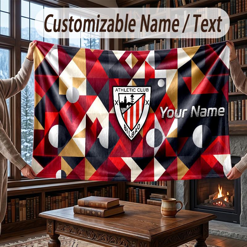Custom Name Flannel Throw Blanket Athletic Bilbao FC Pattern Warm Home Decoration