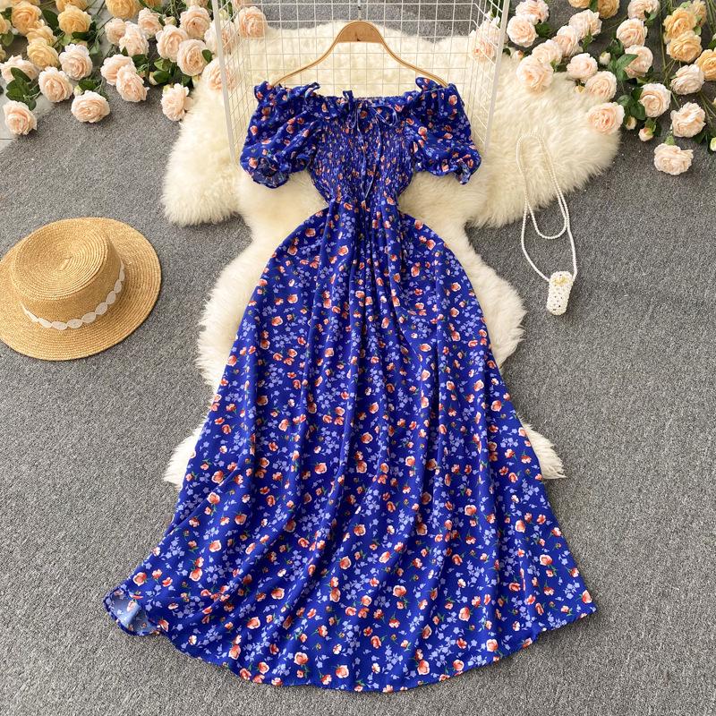 Vintage French Fairy Floral High-Waist Slimming Long Dress with Pleated Drawstring Waist and Big Swing