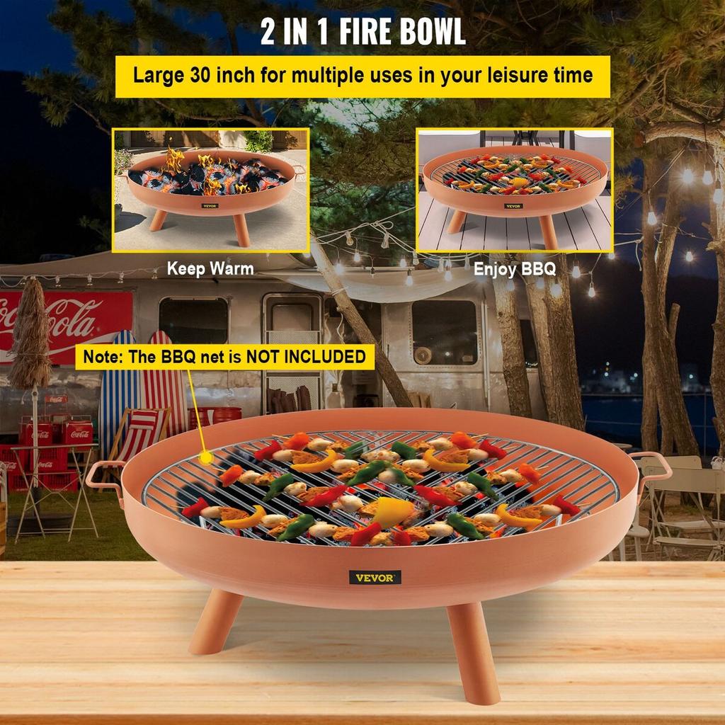 Fire Pit Bowl, 30-Inch Deep Round Carbon Steel Fire Bowl, Wood Burning for Outdoor Patios, Backyards & Camping Uses, with A Drain Hole, Portable