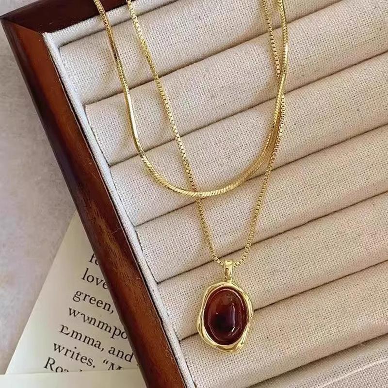 Leather Tiger's Eye Stone Necklace Women's Retro Temperament Sweater Chain Light Luxury Niche Stacked Wear Chinese Clavicle Chain Sweater Accessories