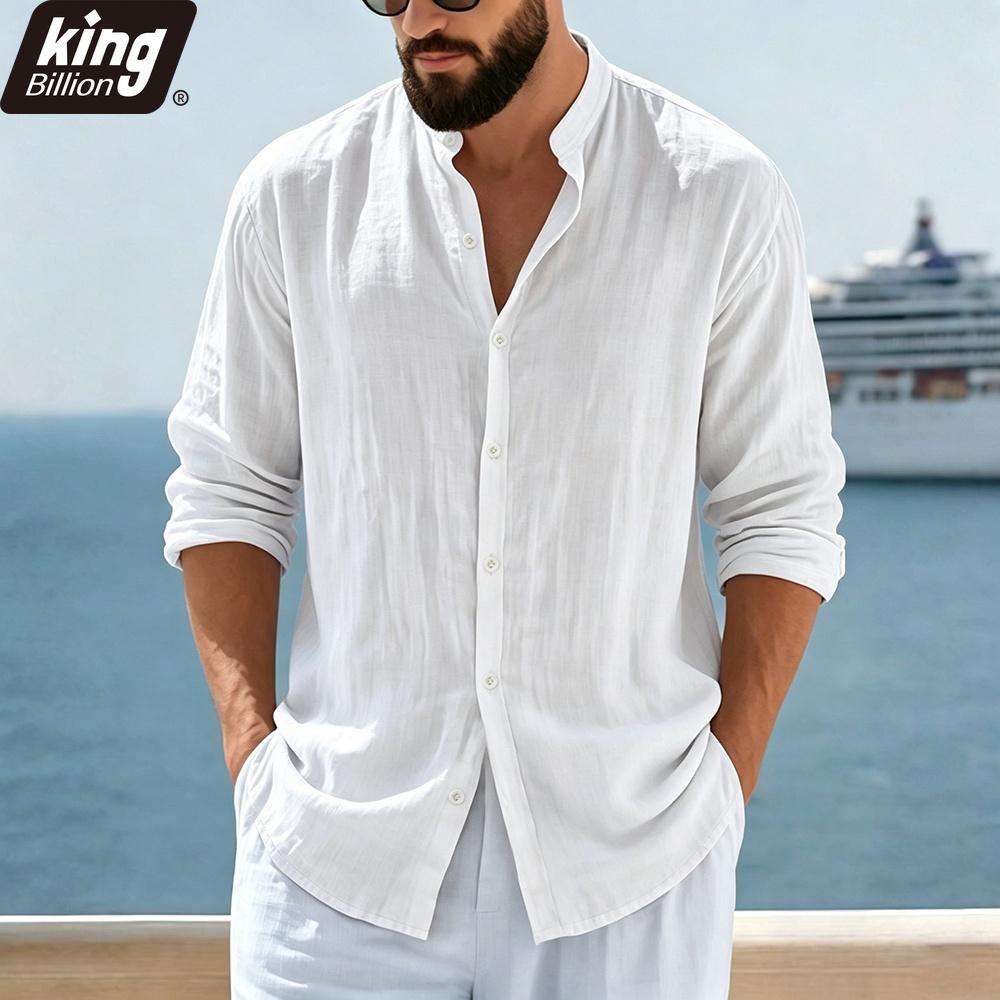 Herren Leinenmischung Mandarin-Kragen Hemd - Langarm Button-Up Lässig Lockerer Schnitt Strandurlaub Oberteil in Unifarben Beige