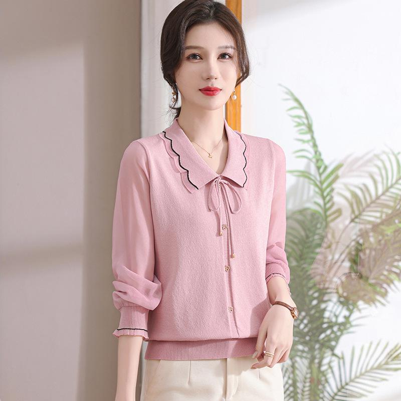Stylish Spring Knit Top with Gauze Sleeves for Middle-aged and Elderly Women