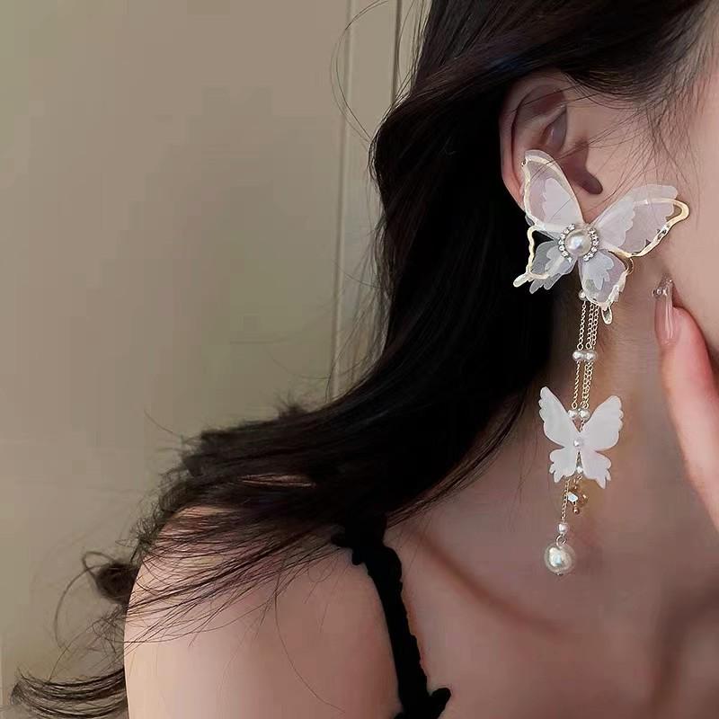 New Elegant Fairy Chiffon Buterfly Tassel Earrings For Women Fashion Imitation Pearl Dangle Drop Earrings Party Wedding Jewelry Gifts