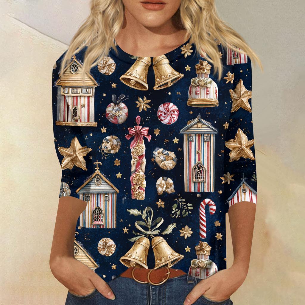 Women's Fashion Casual Round Neck Three-quarter Sleeve Christmas Print T-shirt Top