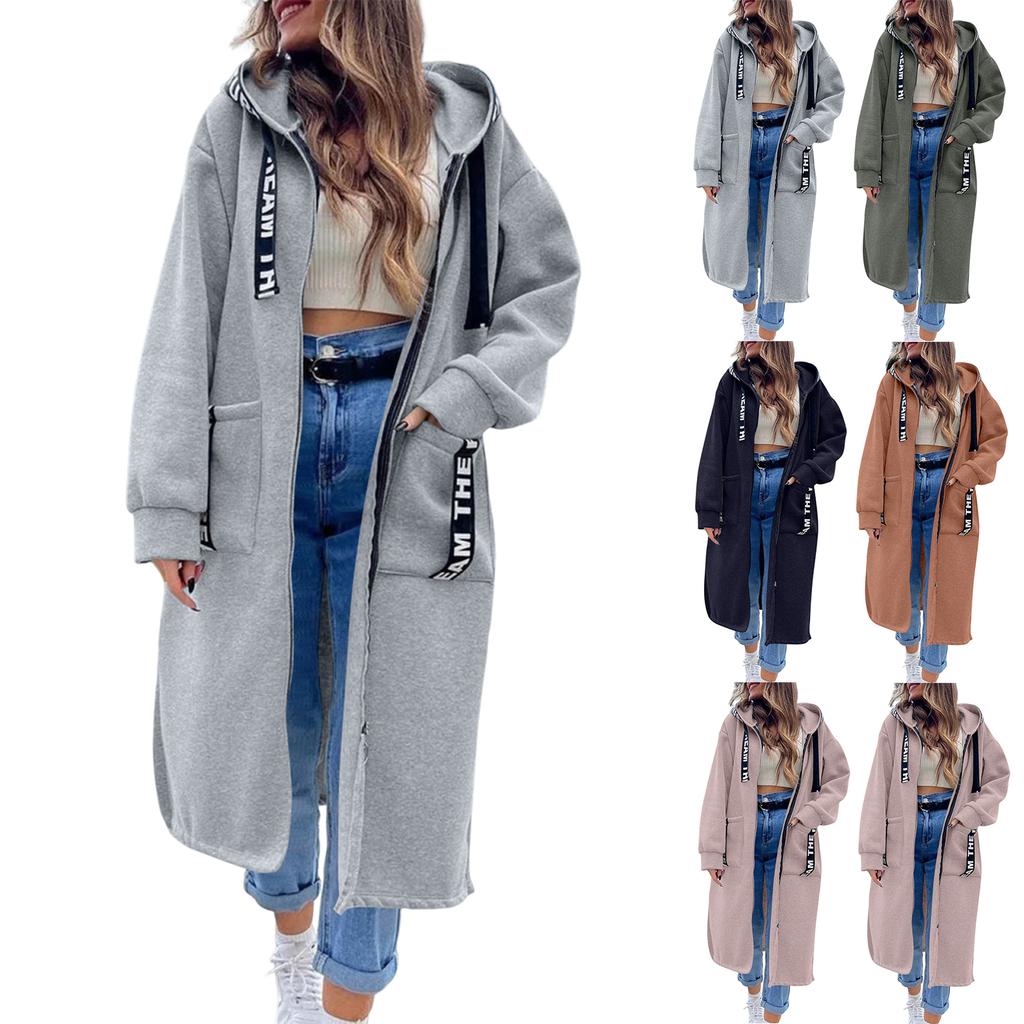 Women's Fashion Jacket Casual Solid-color Long-sleeved Cardigan Hoodie Long Coat