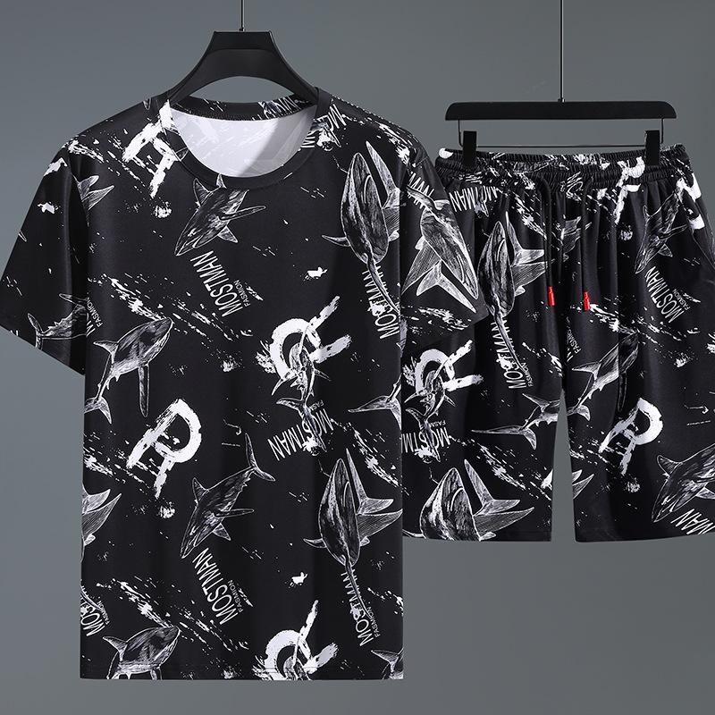 Mens Summer Thin Section Casual Sports Suit Short-sleeved T-shirt + Quick-drying Shorts Plus Size Two-piece Set