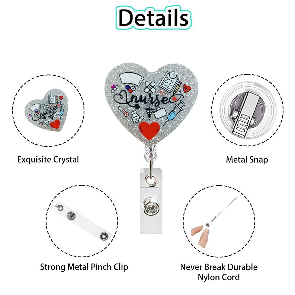 Glitter Heart Acrylic Badge Reel Retractable Name Tag Alligator Clip ID Card Holder for Nurse Office Work Doctor