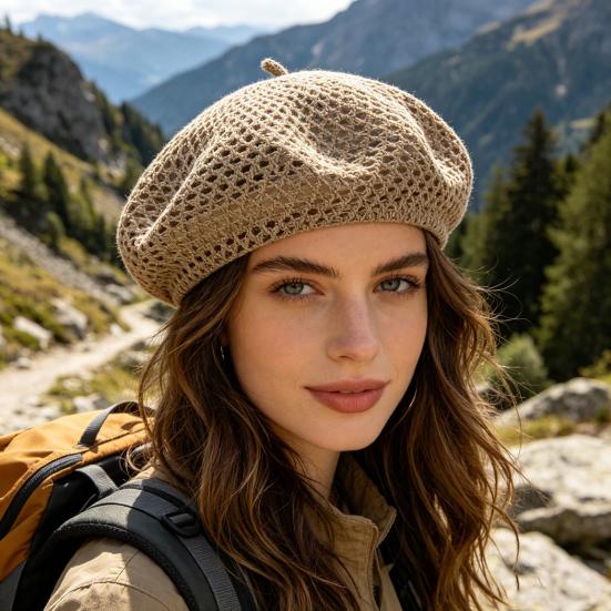Yousheng Women Beret Hat, Hollow Design Gauze Beret Hat, Solid Color Versatile Headwear for Hiking Outings Traveling Shopping And Daily