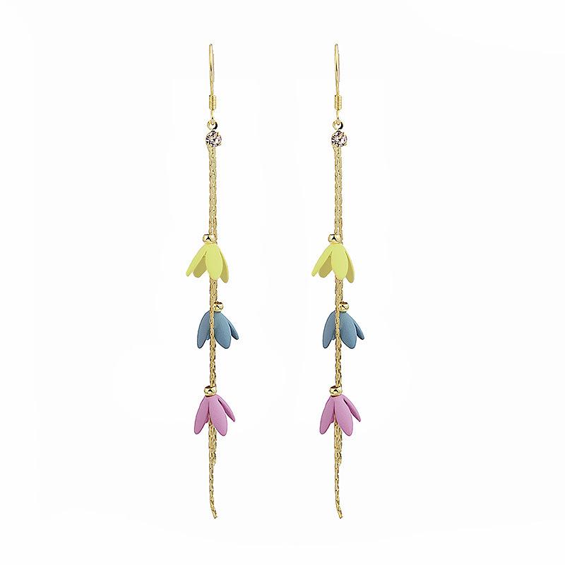 Sweet Summer Charm: Long Tassel Mauve Floral Earrings for Women, Color Block Design, Simple and Fresh