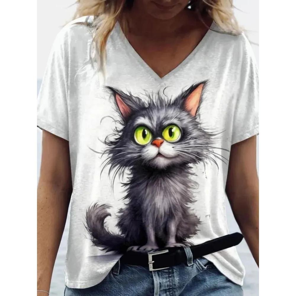 Summer V-neck Funny Cat Pattern 3D Printed Top Fashionable Casual Short Sleeved Women's T-shirts