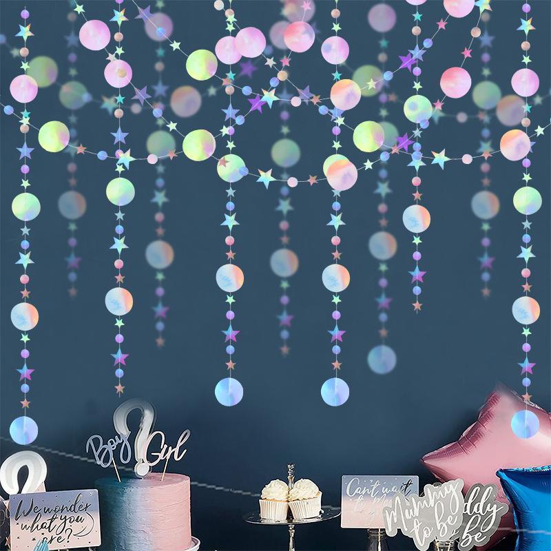 Laser Mirror Paper Star Dot Garland for Wedding Kids Mermaid Birthday Party Decoration Baby Shower Christmas Hanging Banner