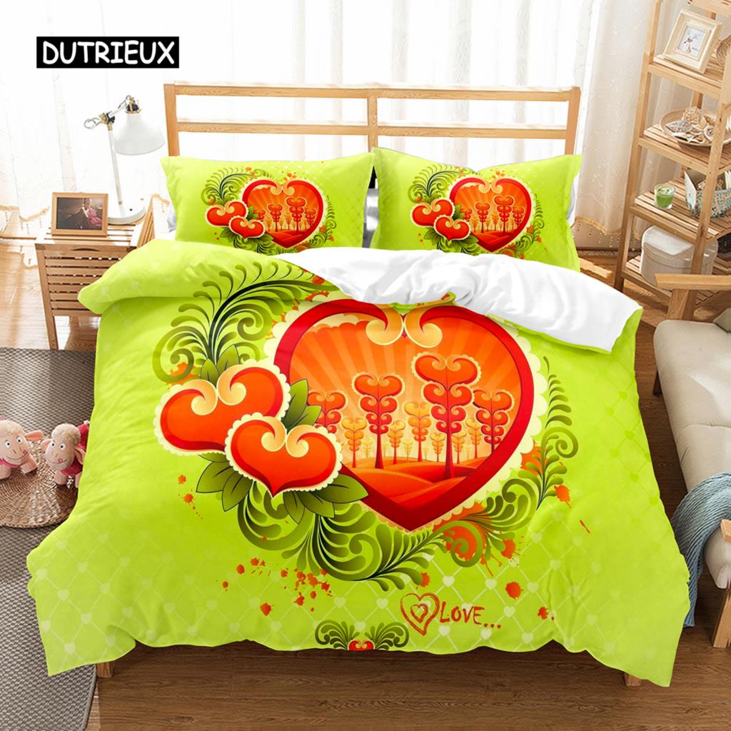 Love Heart Duvet Cover Set Single King Romantic Theme Bedding Set Rose Floral Comforter Cover For Valentine's Day Wedding Decor