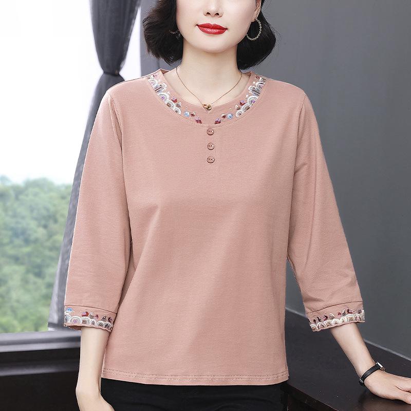 

Женская модная вышитая футболка с рукавом три четверти, трендовый дизайн в стиле вестерн, свободный повседневный топ и низ рубашки XXL розовый