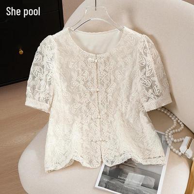 Shechi Women's Elegant Lace Embroidered Puff Sleeve Blouse