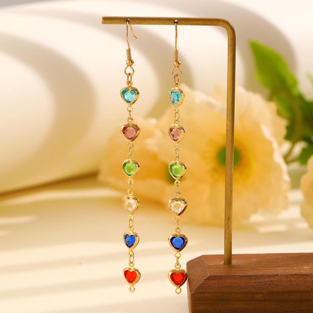 Colorful Geometric Heart-shaped Tassel Earrings with Rhinestones for Women