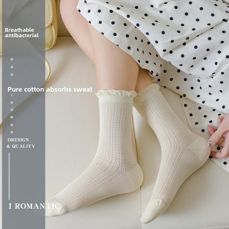 5 Pairs of New Female Spring and Summer Mesh Auricular Rimmed Boneless Pure Cotton Tube Stack Socks