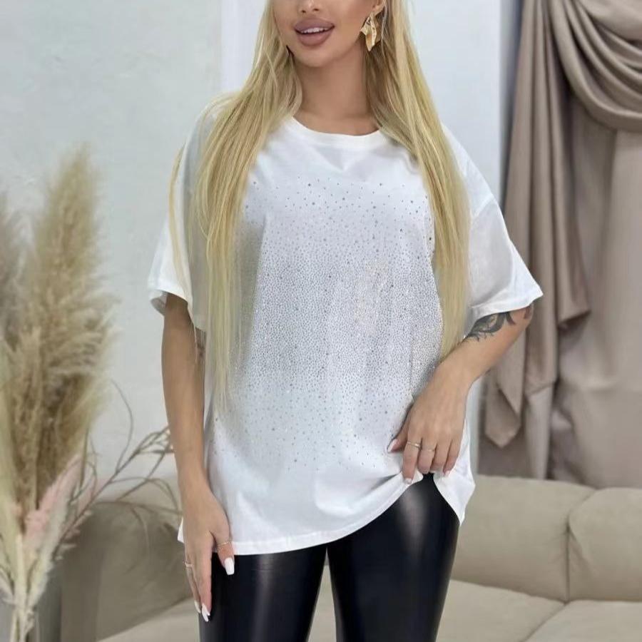 Summer 100% Cotton Solid Hot Fix T-shirts Women Harajuku Oversized Short Sleeve Black Y2k Tops Streetwear Casual T Shirt Female