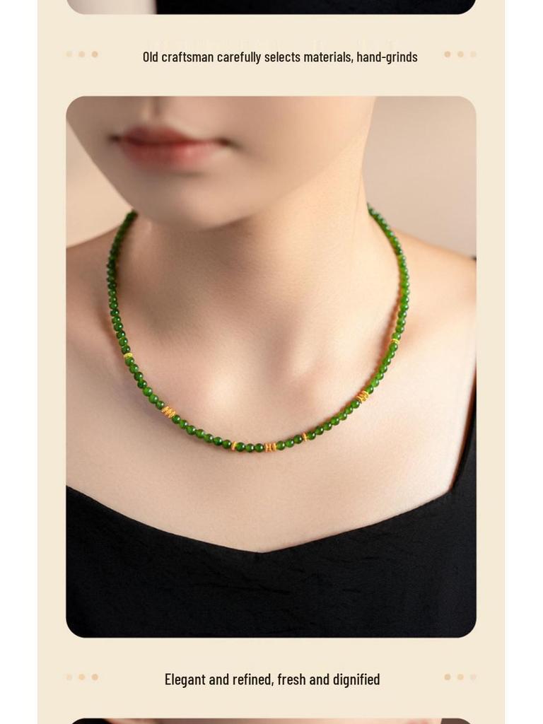 Hetian Jade Millet Bead Necklace - 4mm Jasper Beaded Green Jade Choker Clavicle Chain