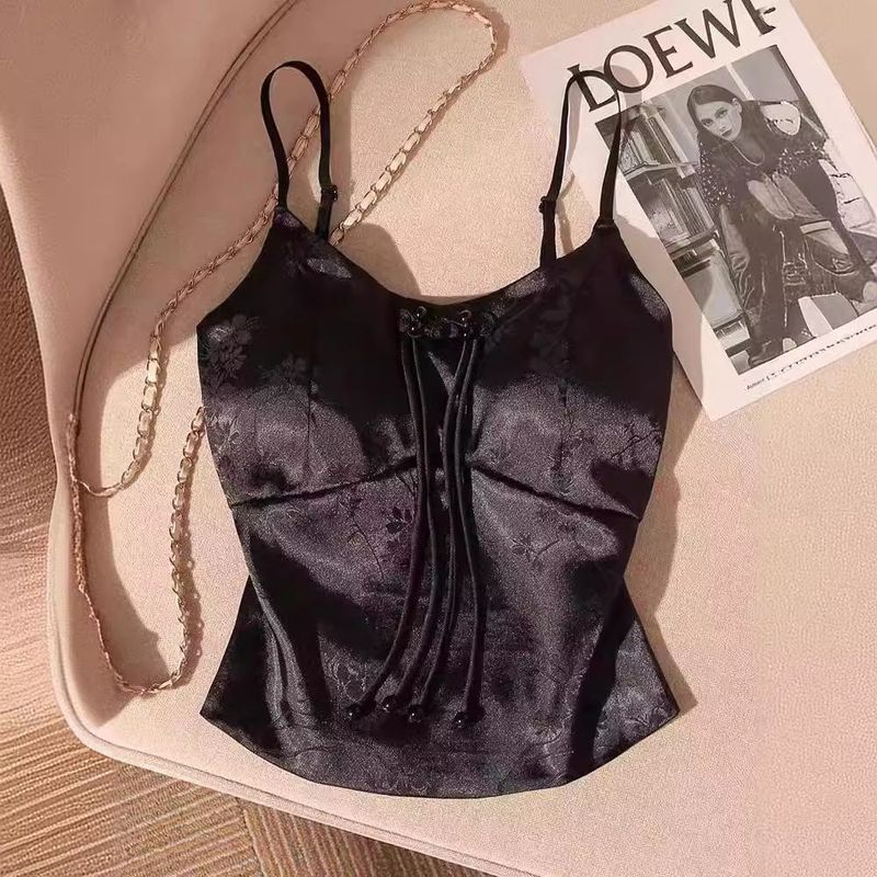 New Chinese-Style Satin Printed Camisole with Chest Pads, Adjustable Vest for Women, Perfect for Summer Suits and Showcasing a Beautiful Back