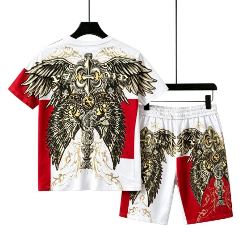 European and American Street Men's Short Sleeved T-shirt Shorts Set 3D Angel Wings Skull Print Men's and Women's Loose Casual Sports Suit