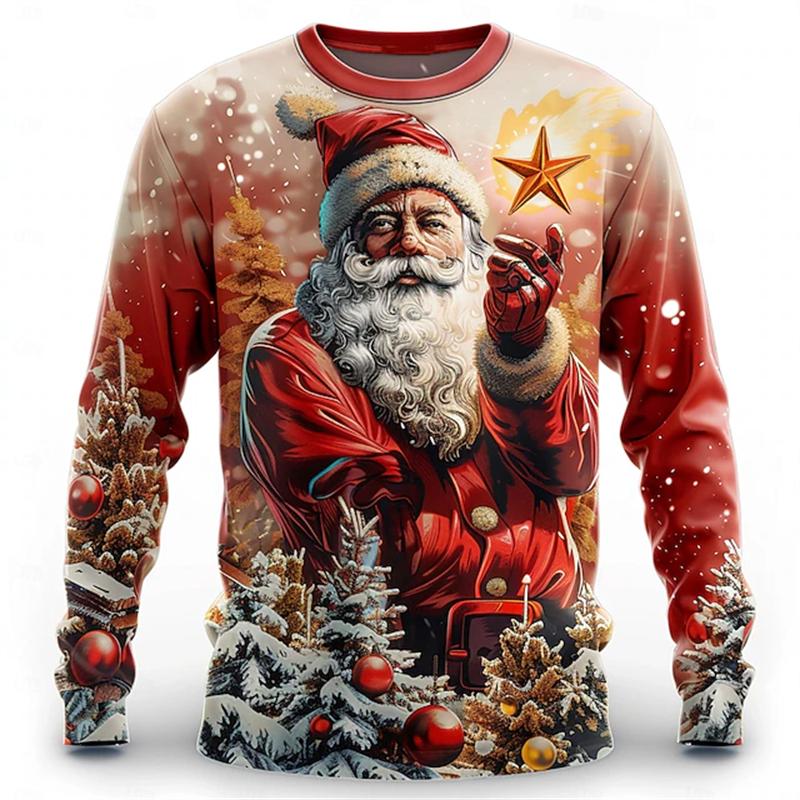 New Santa Claus Men's Long-Sleeve T-Shirt, 3D Print, Spring and Autumn Casual Loose Round-Neck Breathable Top