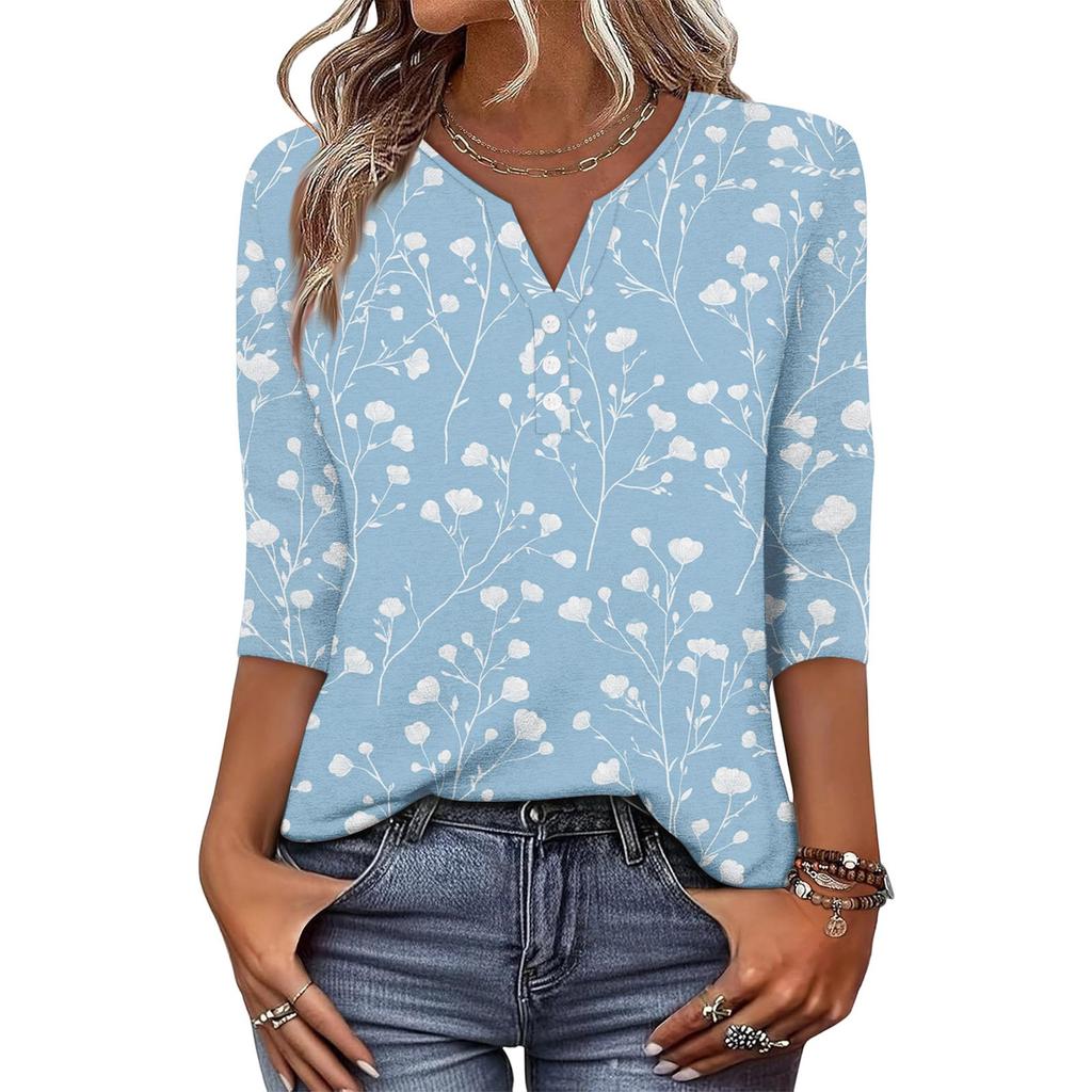 Women's Fashionable Casual Retro Floral Print V-Neck Button-Down Three-Quarter Sleeve T-Shirt Top