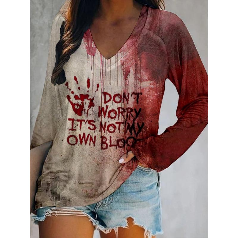 Halloween Mode Blutiger Buchstabe 3D-Druck Grafik Langarm-T-Shirt Lässiges V-Ausschnitt-Oberteil Polyester Atmungsaktiv