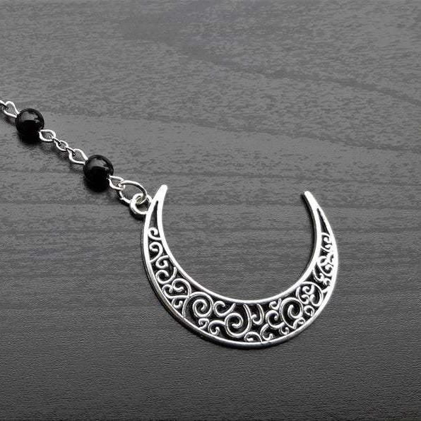 Trendy Gothic Crescent Pentagram Necklace with Black Beads Charm