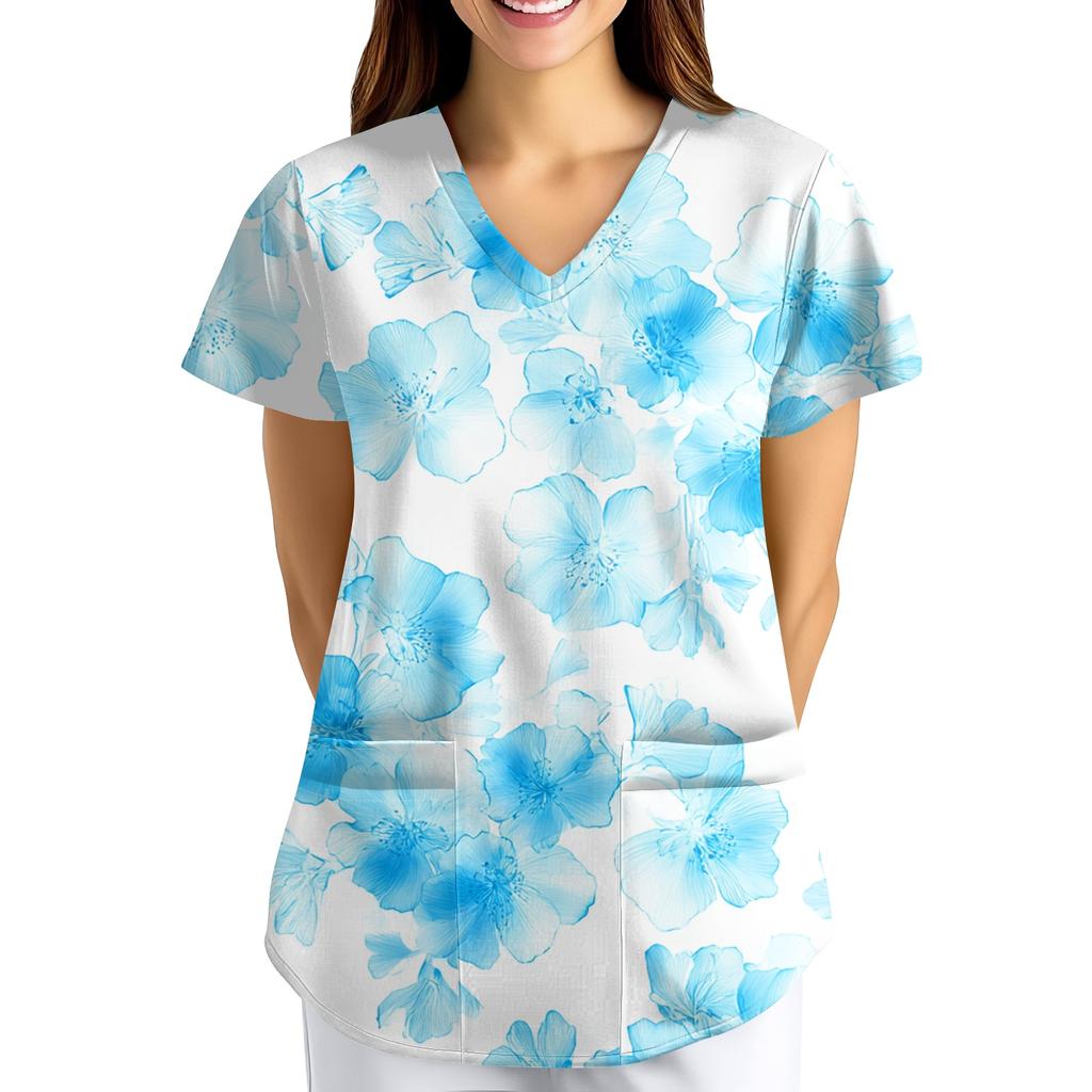 Nadměrná velikost Potištěný pracovní oděv Halenky pro dámský překřížený výstřih do V Potisk Krátký rukáv Zábavná trička Pracovní oděv Tričko s kapsami