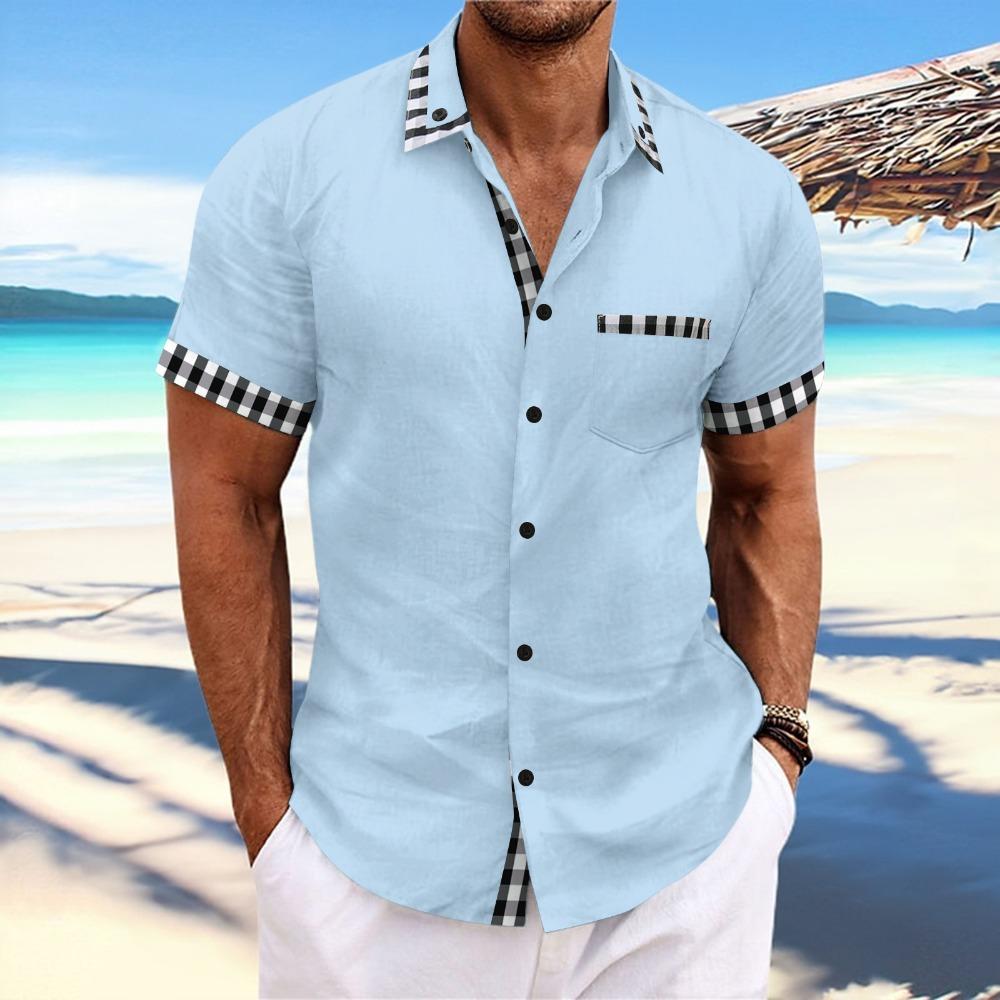 Summer New European and American Men's Beach Casual Pocket Patchwork Lapel Short Sleeved Shirt